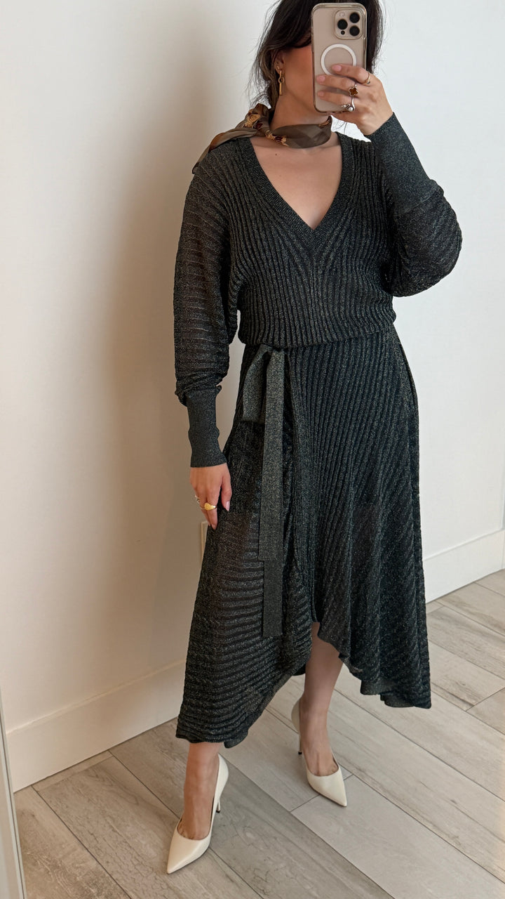 Chloe Green Sparkling Gold Knit Belted Dress Size XS