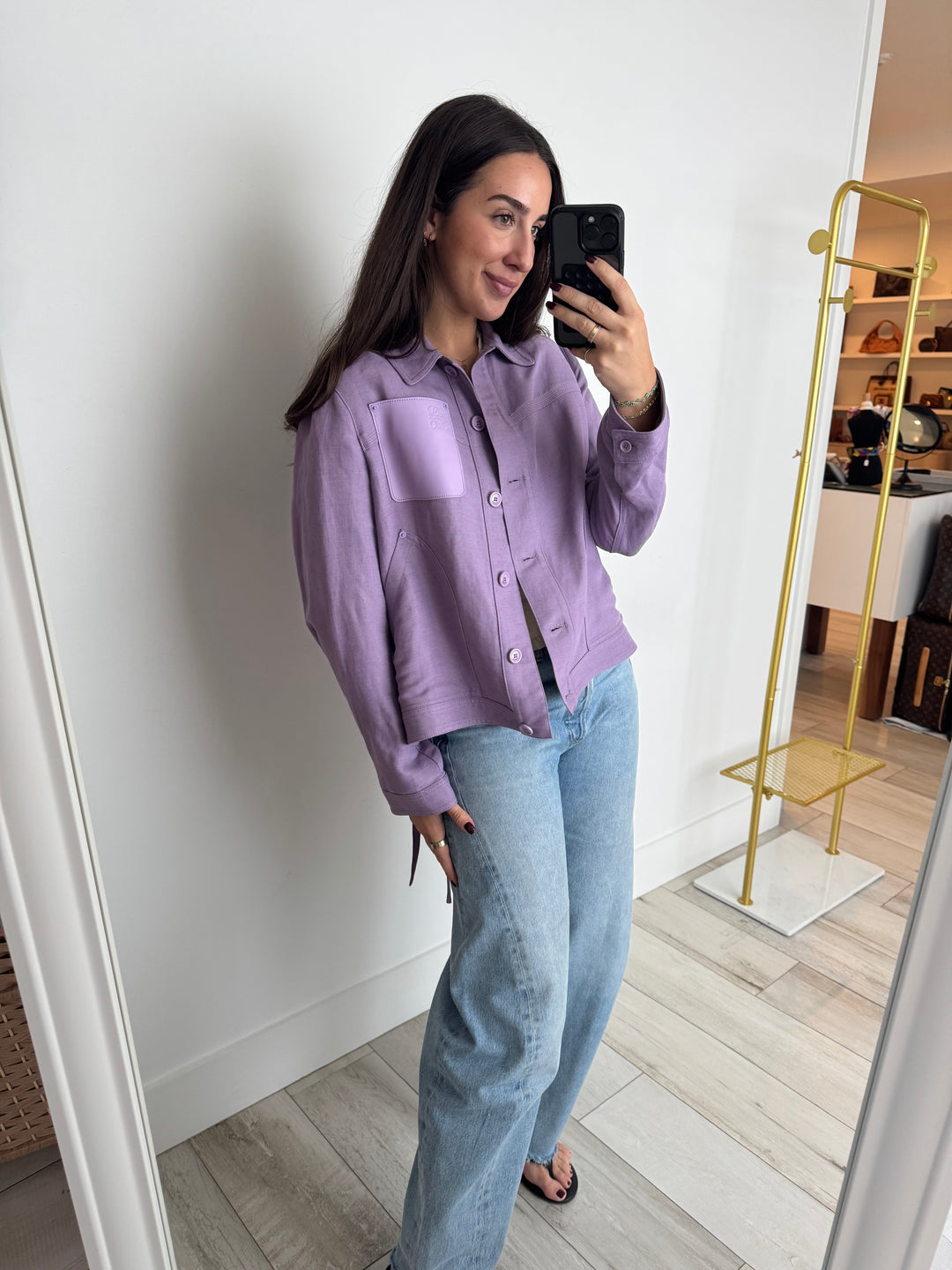 Loewe Lilac Linen Blend Button Up Top with Leather Patch Size 34