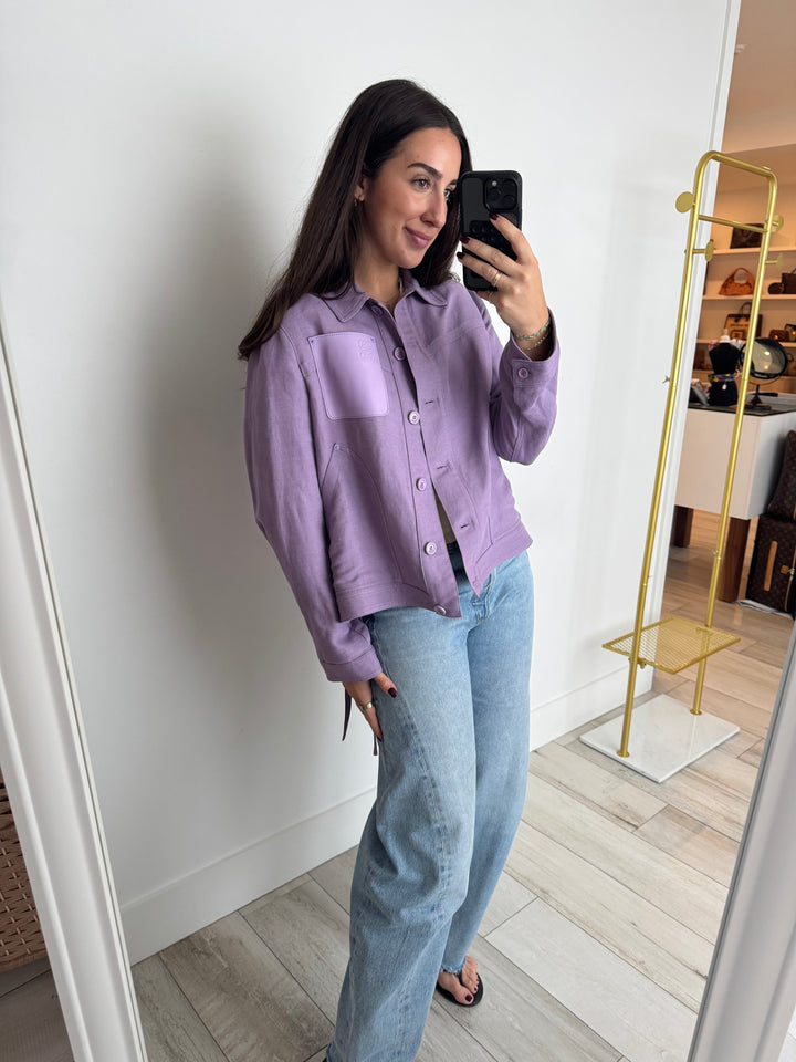 Loewe Lilac Linen Blend Button Up Top with Leather Patch Size 34