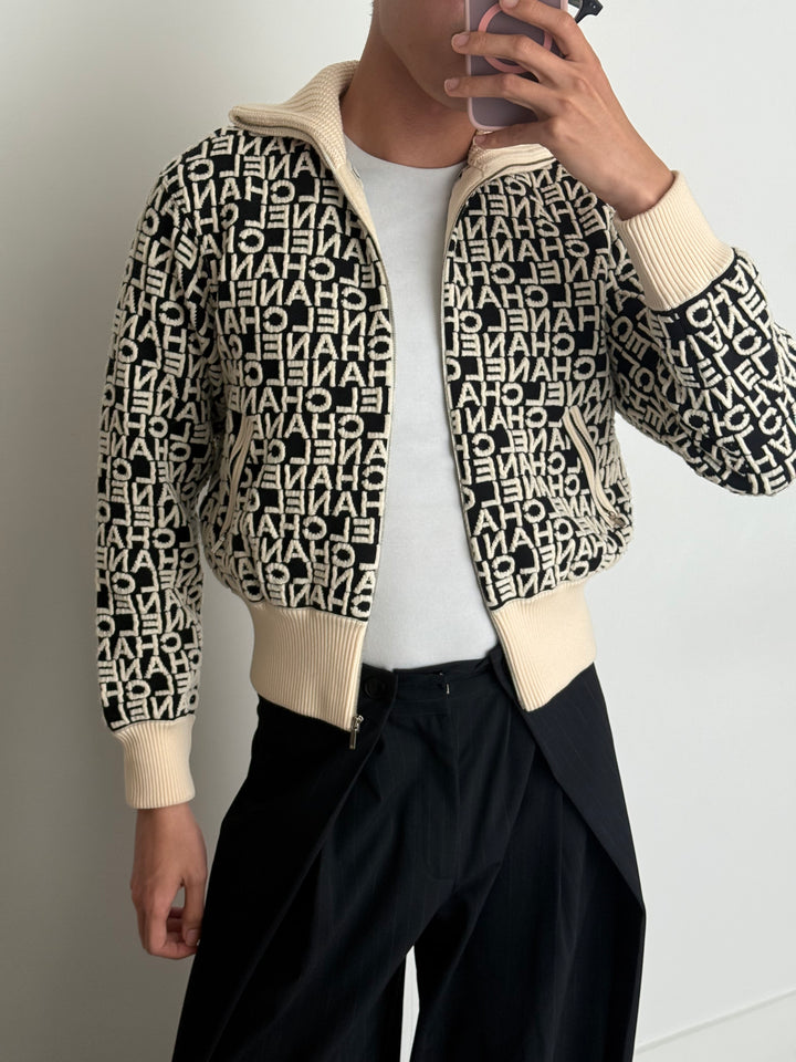 Pre-Loved Chanel™ Black and Cream Logo Lettering Knit Jacket Size 38