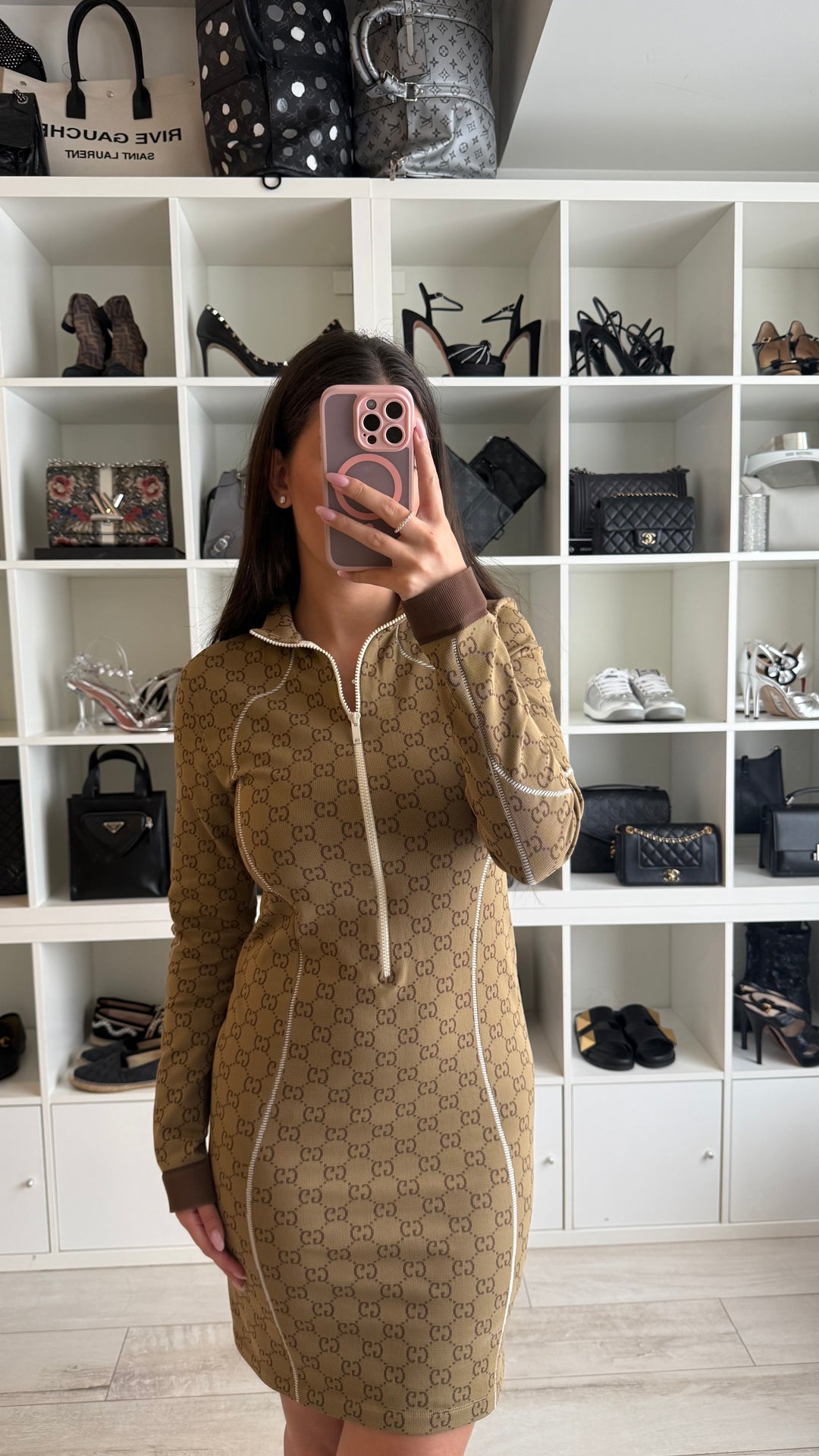 Gucci Beige GG Supreme Jersey Jacquard Dress Size L