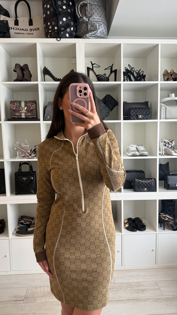 Gucci Beige GG Supreme Jersey Jacquard Dress Size L