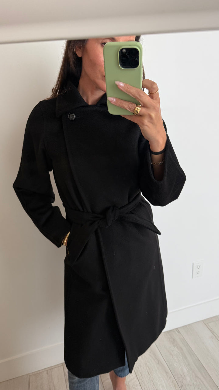 Max Mara Black Camel Hair Wrap Coat Size 0