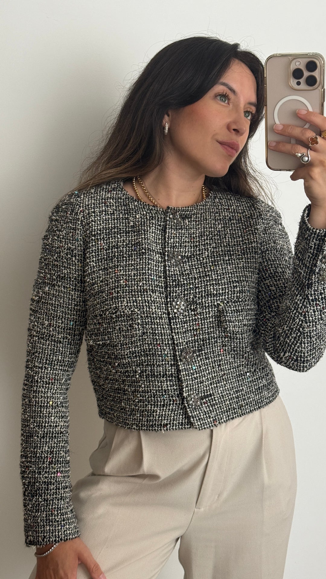 Pre-Loved Chanel™ Grey Tweed & Multicolour Sequin Jacket Size 38