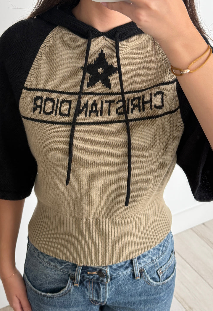 Dior Beige & Black Cashmere Short-sleeved Hooded Sweater Size 4