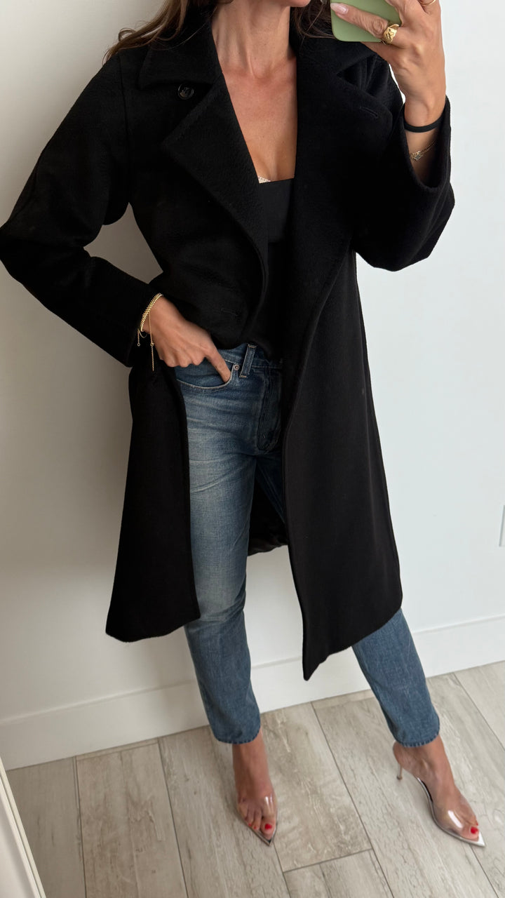 Max Mara Black Camel Hair Wrap Coat Size 0