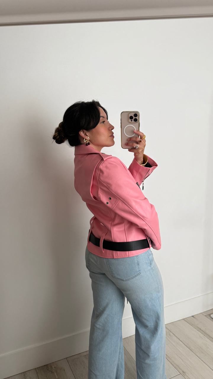 Louis Vuitton Pink Calf Leather Biker Jacket Size 36
