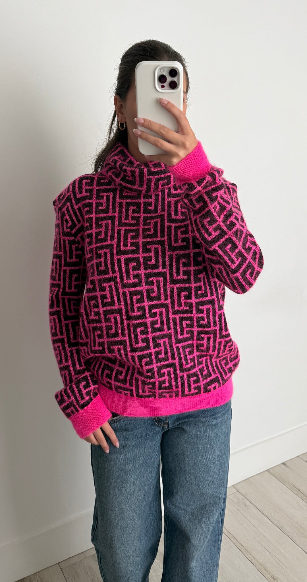 Balmain Pink Wool & Mohair Knit Geometric Turtleneck Sweater Size 36