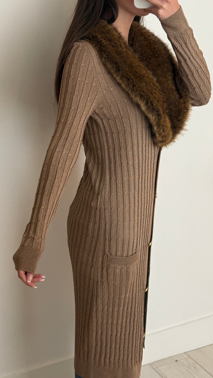 Saint Laurent Biege Knit Faux Fur-Trimmed Cardigan Dress Size L