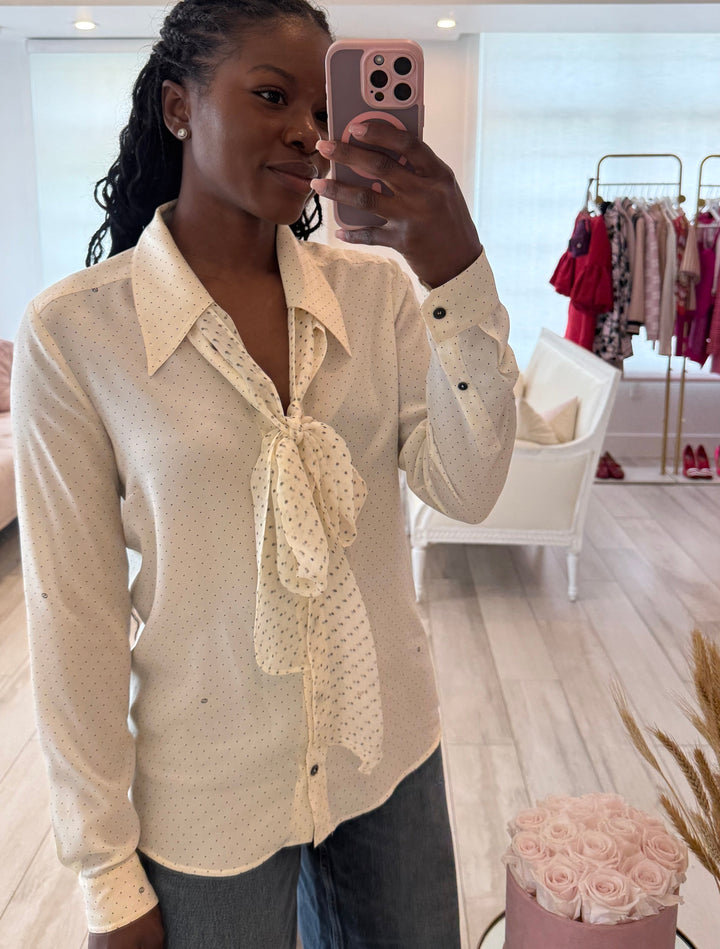 Gucci Ivory Silk Polka Dot Shirt with Tie Detail Size 44