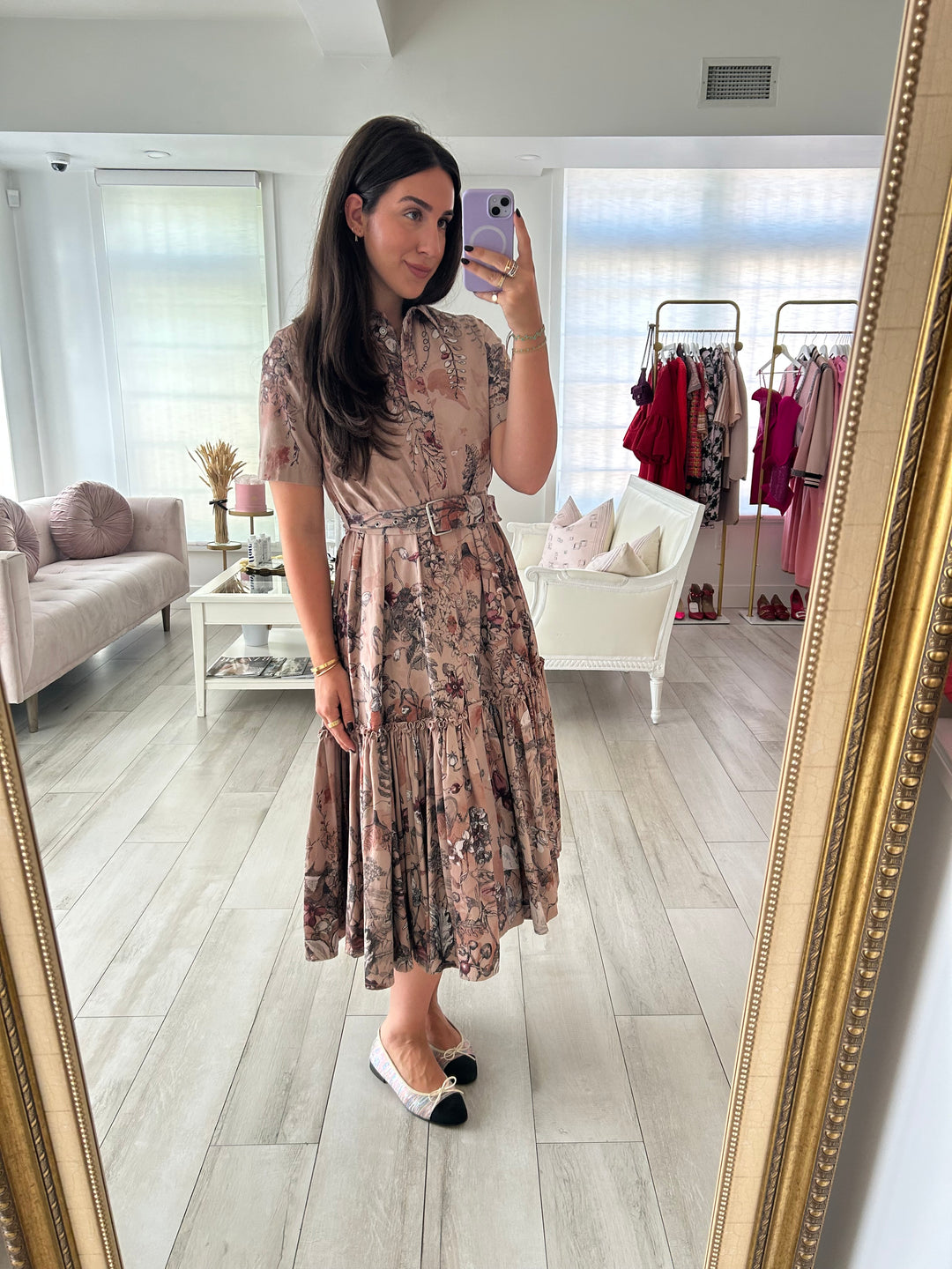Dior Dusty Rose Cotton Printed Shirt Dress with Belt Size 38