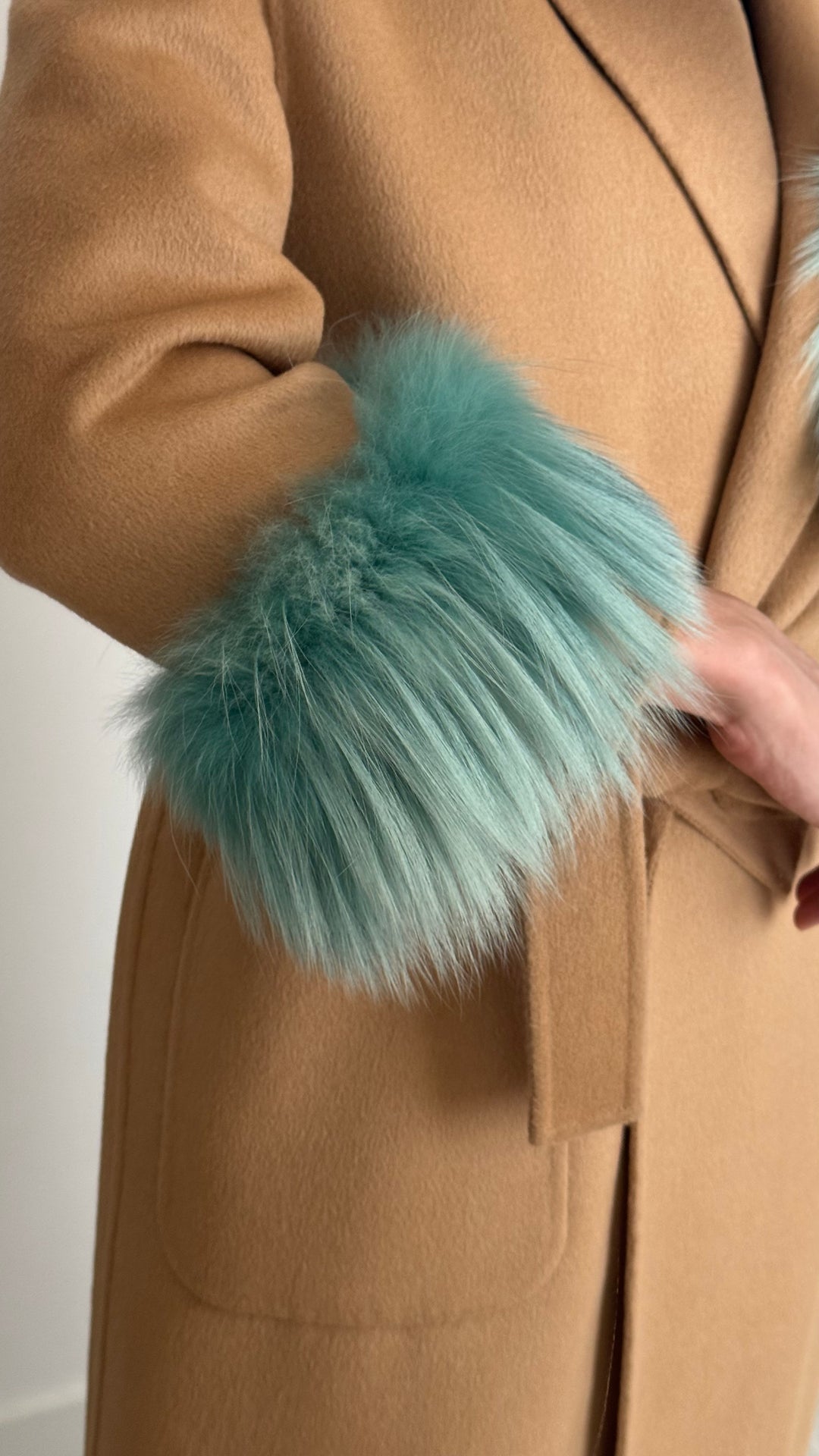 Prada Beige Virgin Wool & Angora Wrap Coat with Blue Fox Fur Size 36