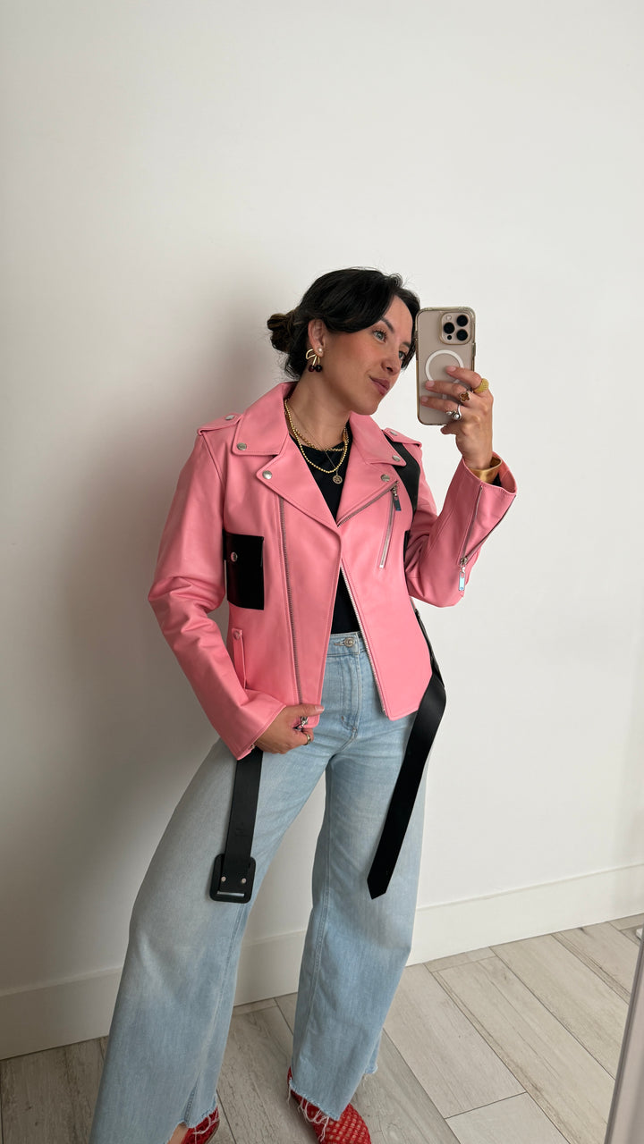 Louis Vuitton Pink Calf Leather Biker Jacket Size 36