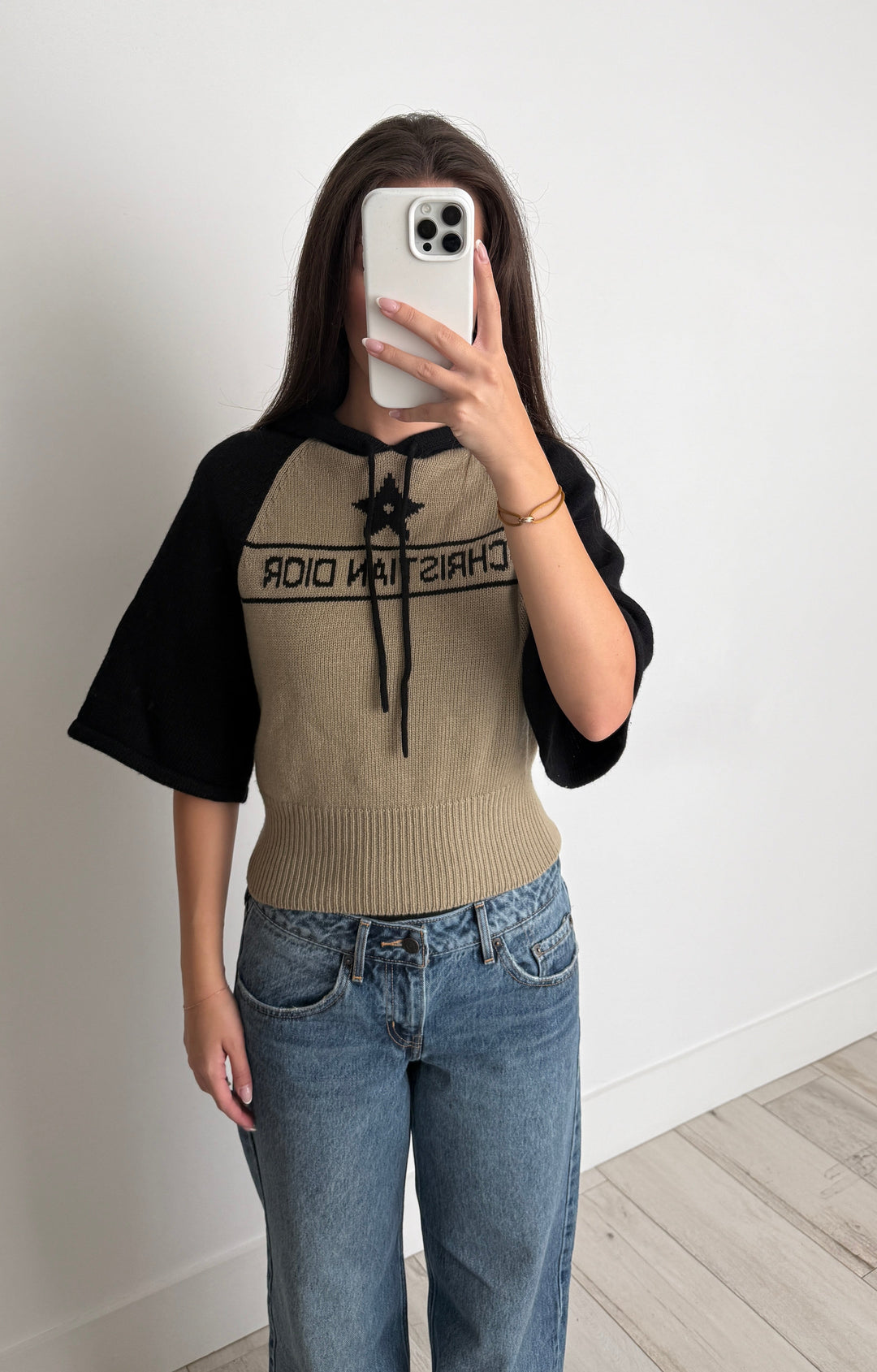 Dior Beige & Black Cashmere Short-sleeved Hooded Sweater Size 4