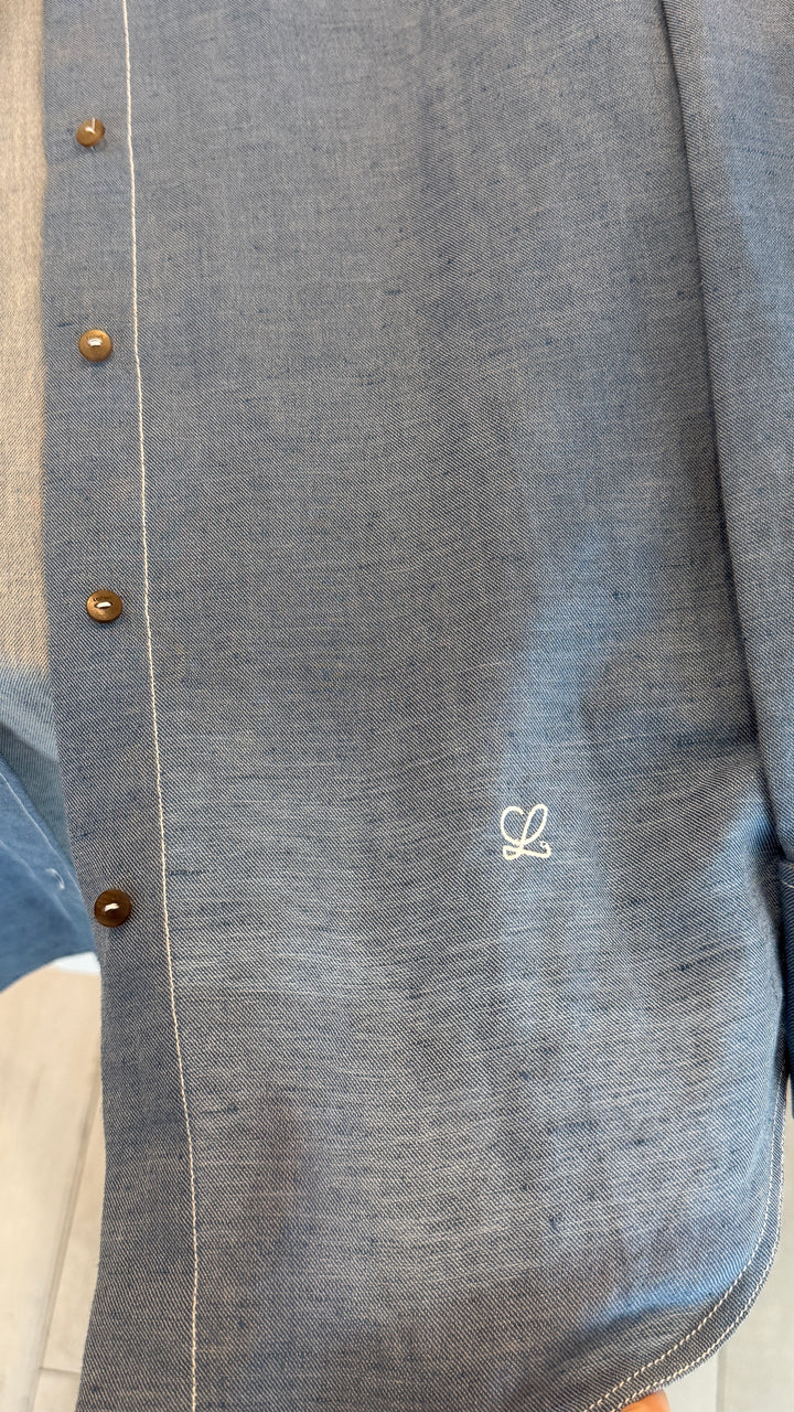 Loewe Blue Linen Blend Shirt with White Stitching Detail Size 36