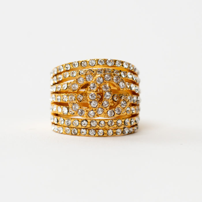 Pre-Loved Chanel™ Gold Tone Inlaid Crystal Interlocking Logo Ring 
