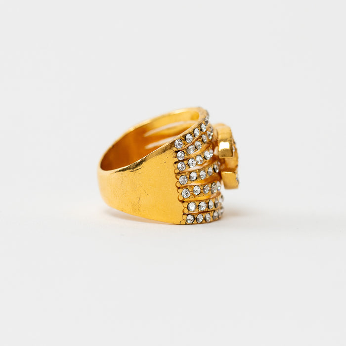 Pre-Loved Chanel™ Gold Tone Inlaid Crystal Interlocking Logo Ring Size 7