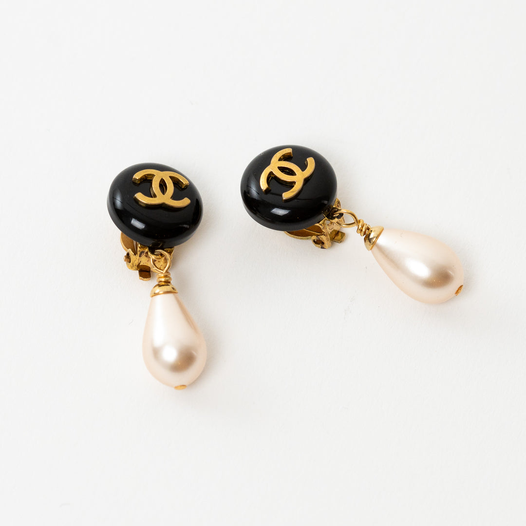 Chanel pearl drop clip on earrings with black enamel and gold CC logo