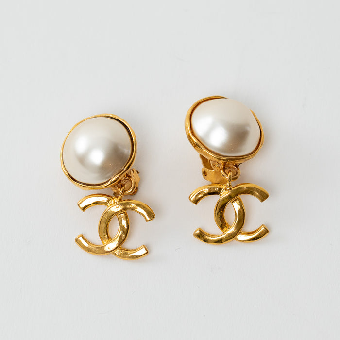 Pre-Loved Chanel™ Gold Logo Drop Faux Pearl Clip on Earrings