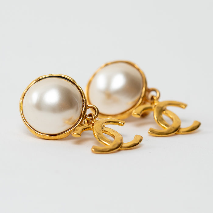 Pre-Loved Chanel™ Gold Logo Drop Faux Pearl Clip on Earrings