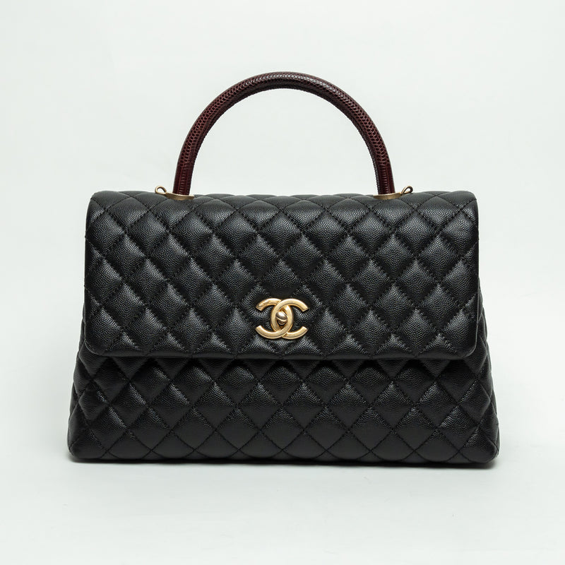 Pre-Loved Chanel™ Black Pebbled Leather Medium Coco Handle Bag with Burgundy Lizard Leather Handle