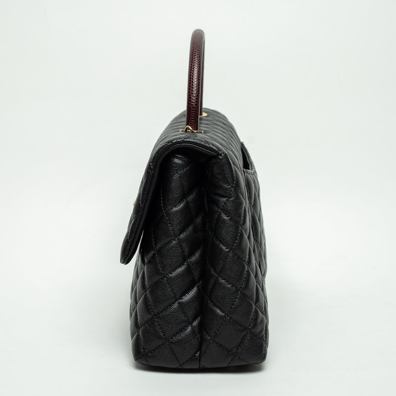 Pre-Loved Chanel™ Black Pebbled Leather Medium Coco Handle Bag with Burgundy Lizard Leather Handle