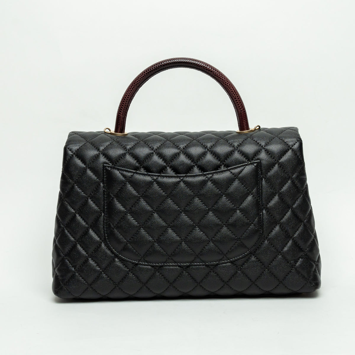 Pre-Loved Chanel™ Black Pebbled Leather Medium Coco Handle Bag with Burgundy Lizard Leather Handle