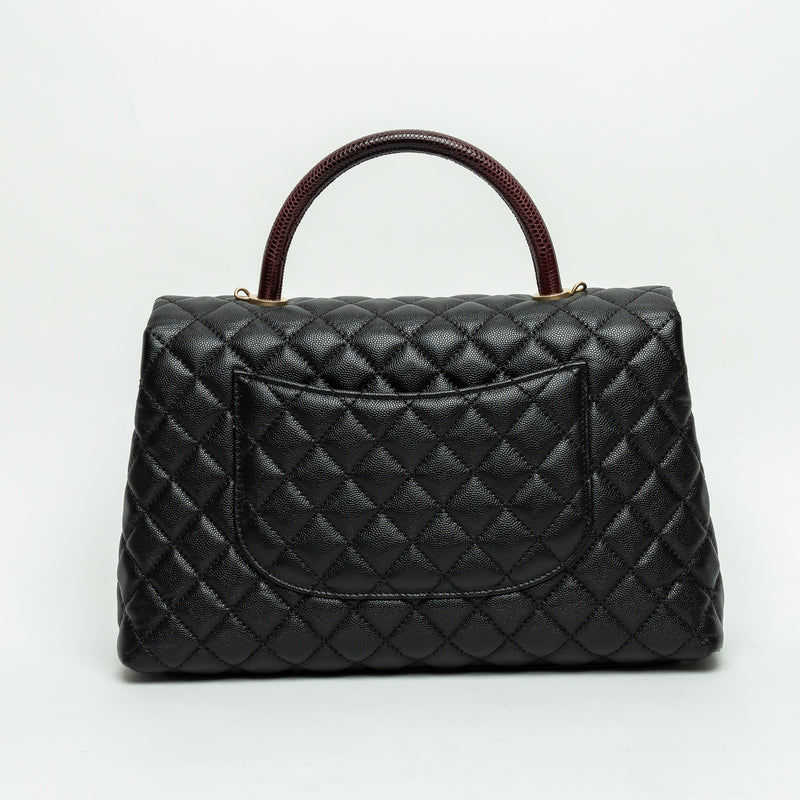 Pre-Loved Chanel™ Black Pebbled Leather Medium Coco Handle Bag with Burgundy Lizard Leather Handle