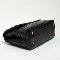 Pre-Loved Chanel™ Black Pebbled Leather Medium Coco Handle Bag with Burgundy Lizard Leather Handle