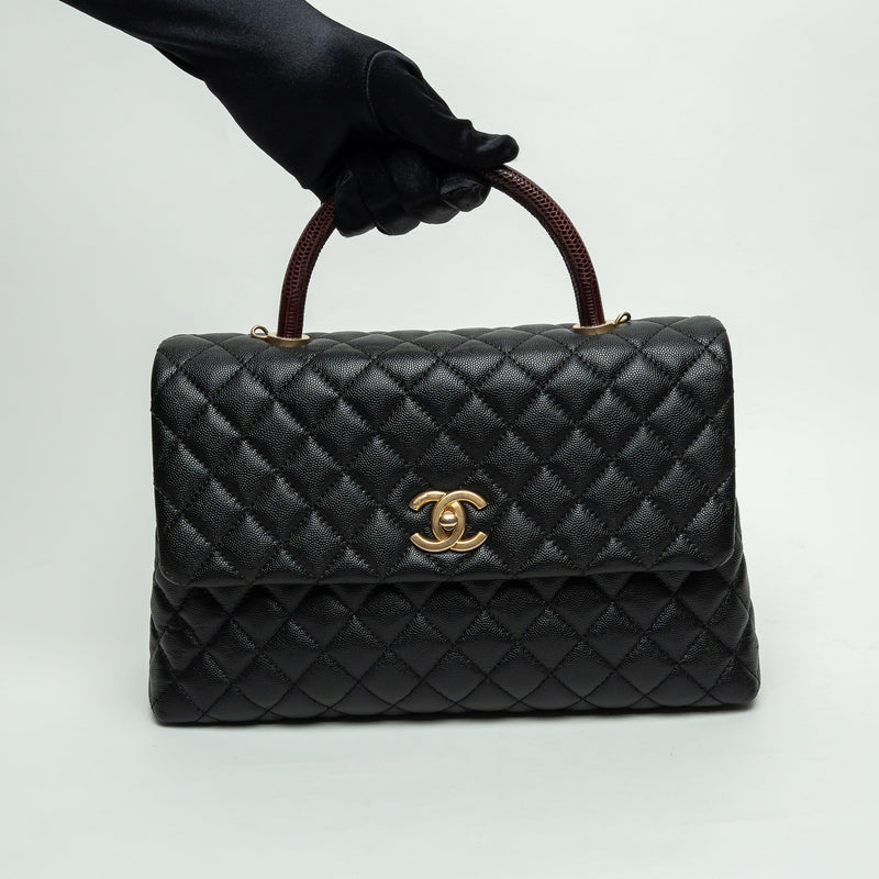 Pre-Loved Chanel™ Black Pebbled Leather Medium Coco Handle Bag with Burgundy Lizard Leather Handle