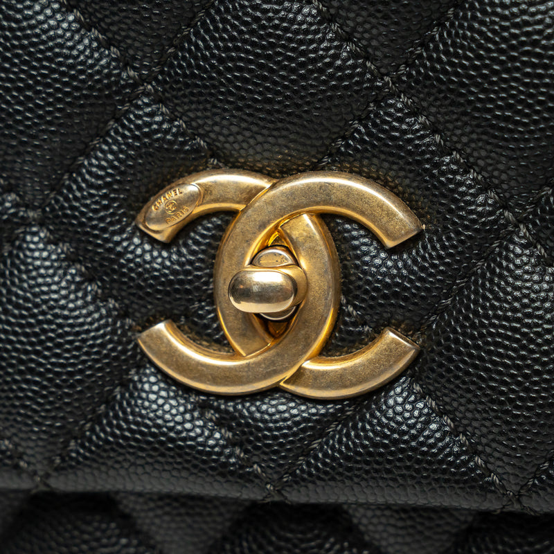 Pre-Loved Chanel™ Black Pebbled Leather Medium Coco Handle Bag with Burgundy Lizard Leather Handle