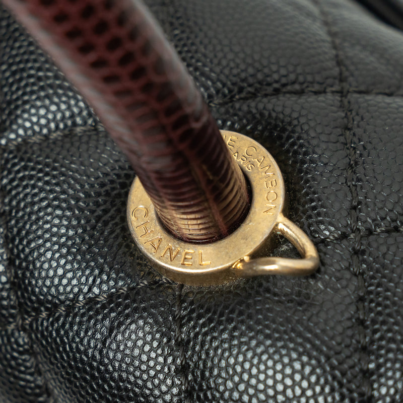 Pre-Loved Chanel™ Black Pebbled Leather Medium Coco Handle Bag with Burgundy Lizard Leather Handle