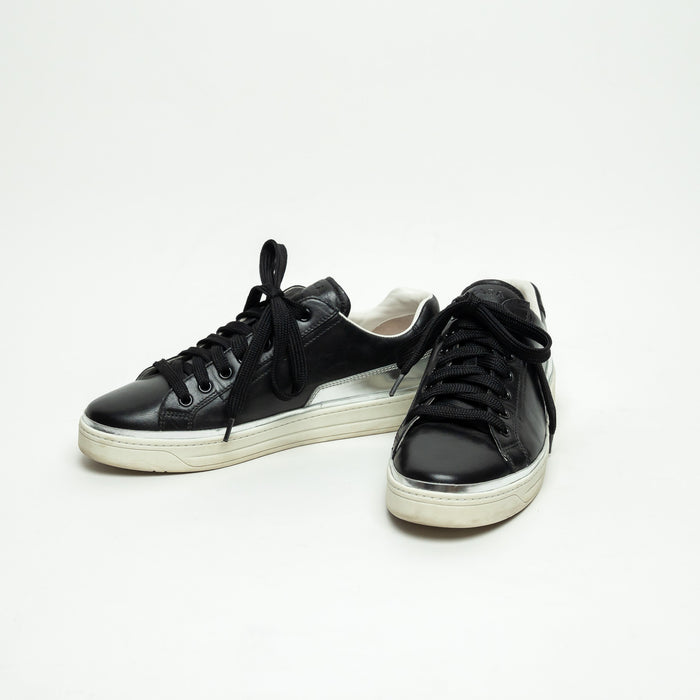 Prada Black Calfskin Leather Sneakers with Silver Trim Size 39.5