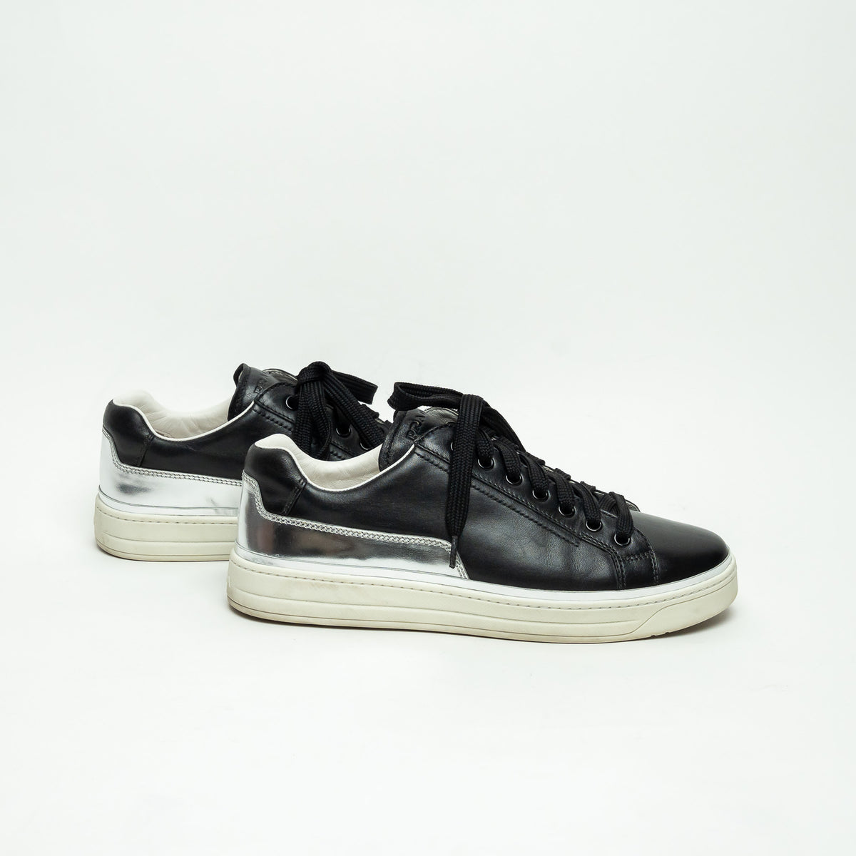 Prada Black Calfskin Leather Sneakers with Silver Trim Size 39.5