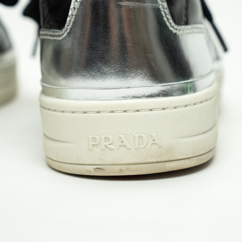 Prada Black Calfskin Leather Sneakers with Silver Trim Size 39.5