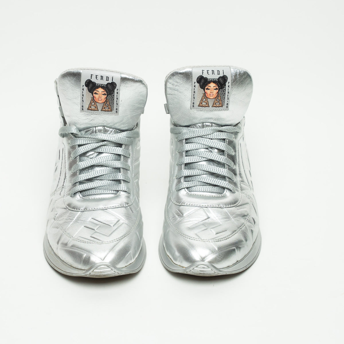 Fendi x Nicki Minaj Silver Grained Leather Prints On High Top Sneakers Size 39