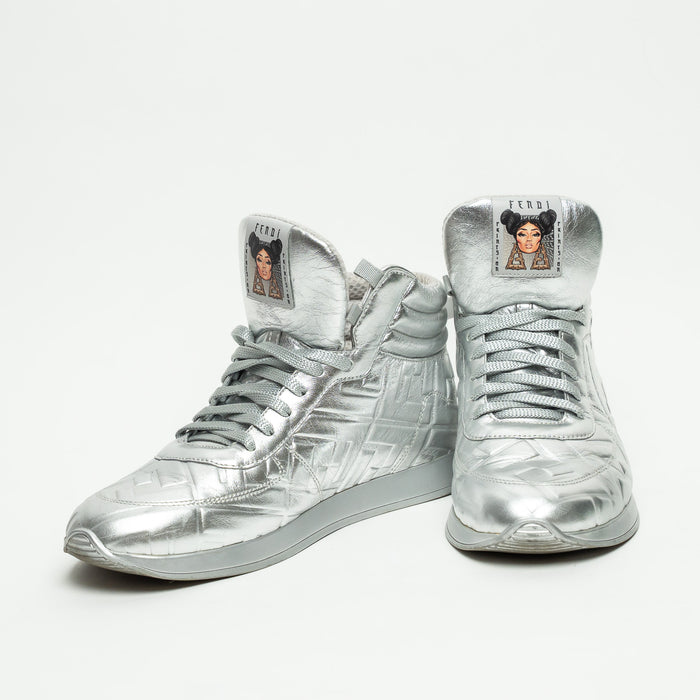 Fendi x Nicki Minaj Silver Grained Leather Prints On High Top Sneakers Size 39