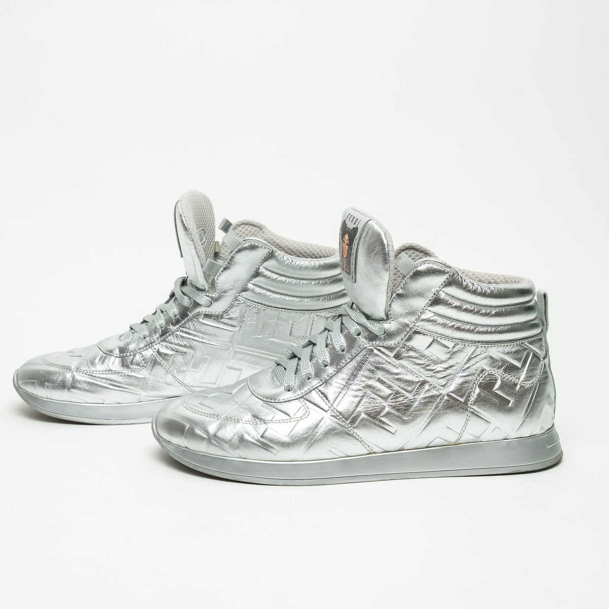 Fendi x Nicki Minaj Silver Grained Leather Prints On High Top Sneakers Size 39