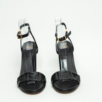 Fendi Black Nappa Leather Delphina Block Heel Sandals Size 37.5