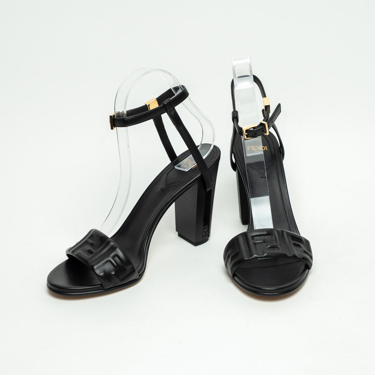 Fendi Black Nappa Leather Delphina Block Heel Sandals Size 37.5