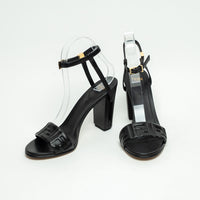 Fendi Black Nappa Leather Delphina Block Heel Sandals Size 37.5