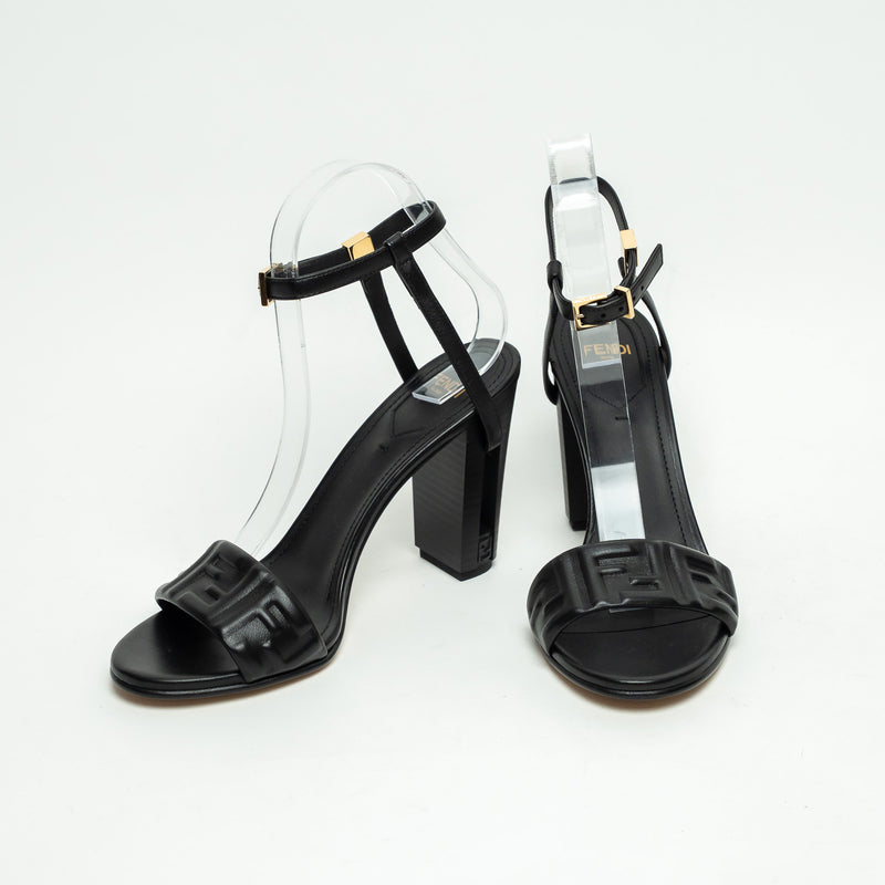 Fendi Black Nappa Leather Delphina Block Heel Sandals Size 37.5