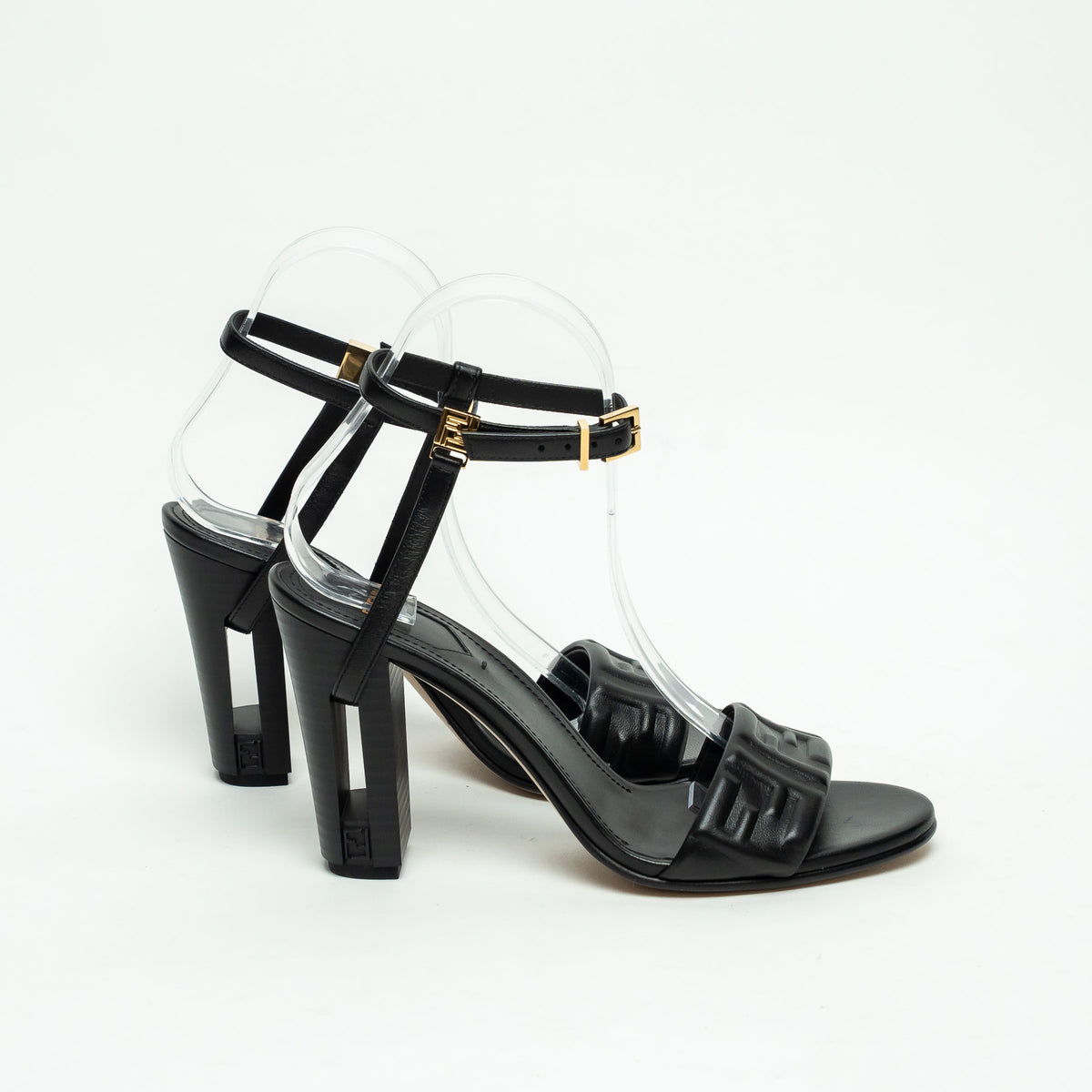 Fendi Black Nappa Leather Delphina Block Heel Sandals Size 37.5