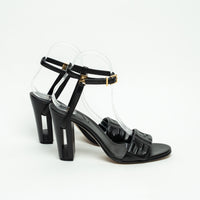 Fendi Black Nappa Leather Delphina Block Heel Sandals Size 37.5