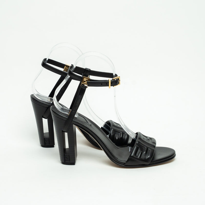 Fendi Black Nappa Leather Delphina Block Heel Sandals Size 37.5