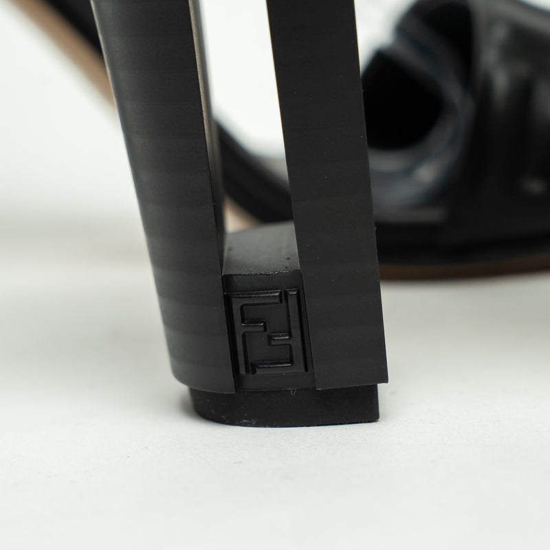 Fendi Black Nappa Leather Delphina Block Heel Sandals Size 37.5