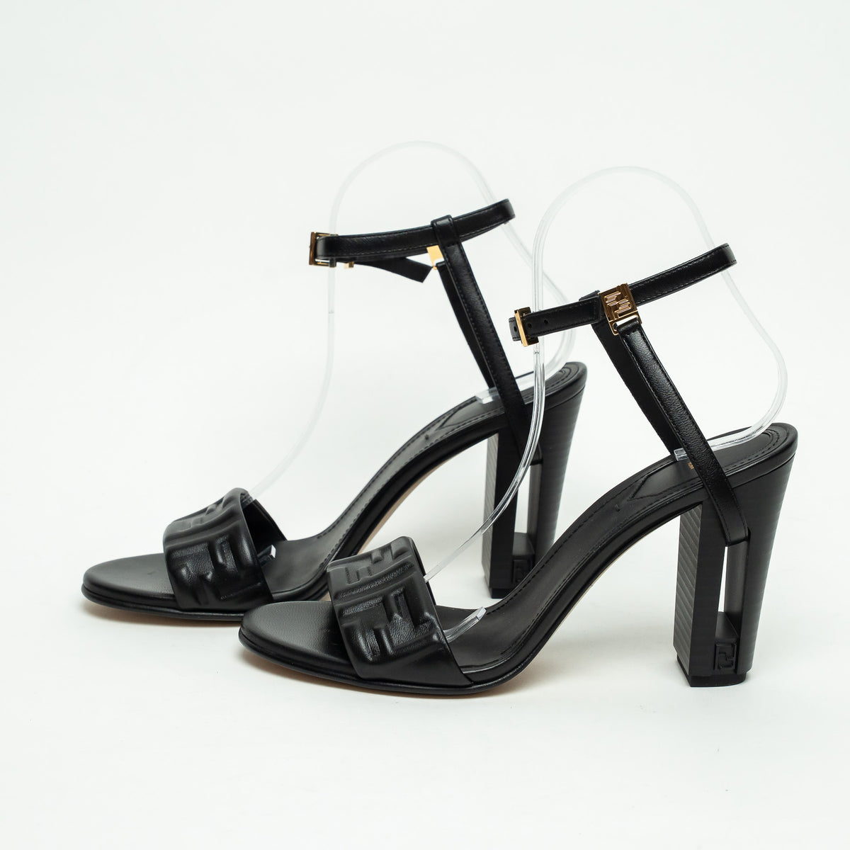 Fendi Black Nappa Leather Delphina Block Heel Sandals Size 37.5