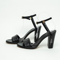 Fendi Black Nappa Leather Delphina Block Heel Sandals Size 37.5