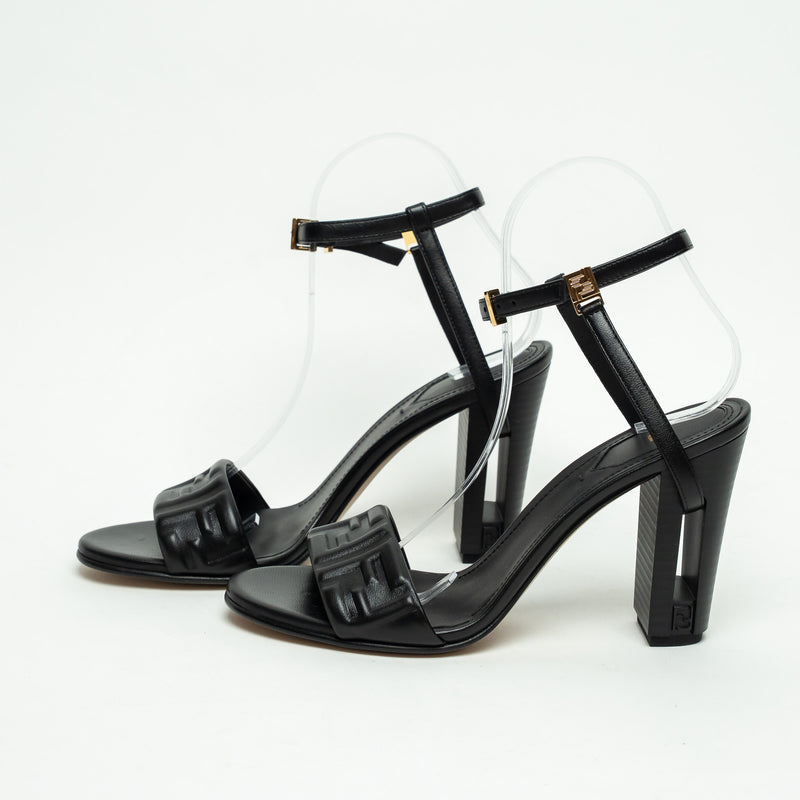 Fendi Black Nappa Leather Delphina Block Heel Sandals Size 37.5
