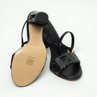 Fendi Black Nappa Leather Delphina Block Heel Sandals Size 37.5